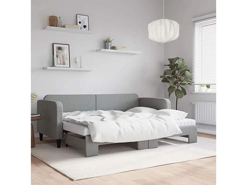 Tagesbett Ausziehbar mit Matratze Hellgrau 80x200 cm Stoff