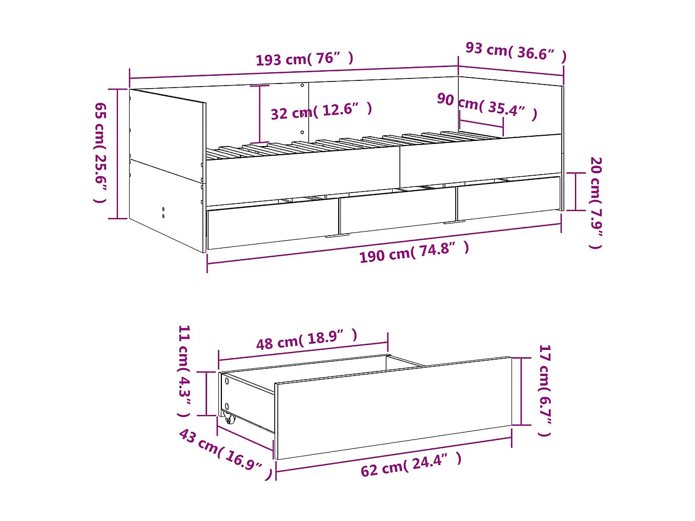 Tagesbett mit Schubladen ohne Matratze Betongrau 90x190 cm