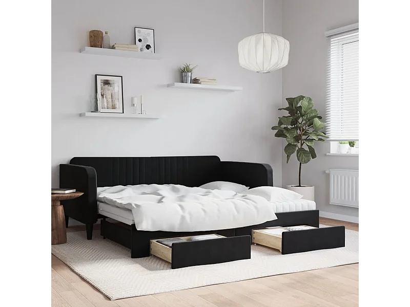 Divano Letto Estraibile con Cassetti Nero 90x190 cm in Velluto