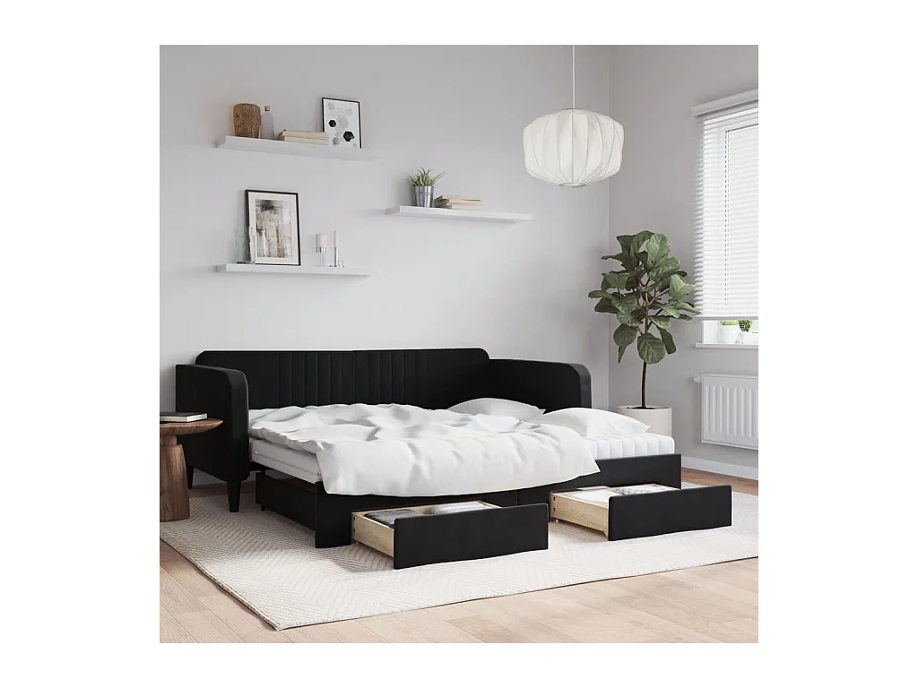 Slaapbank met onderschuifbed en lades 90x190 cm fluweel zwart