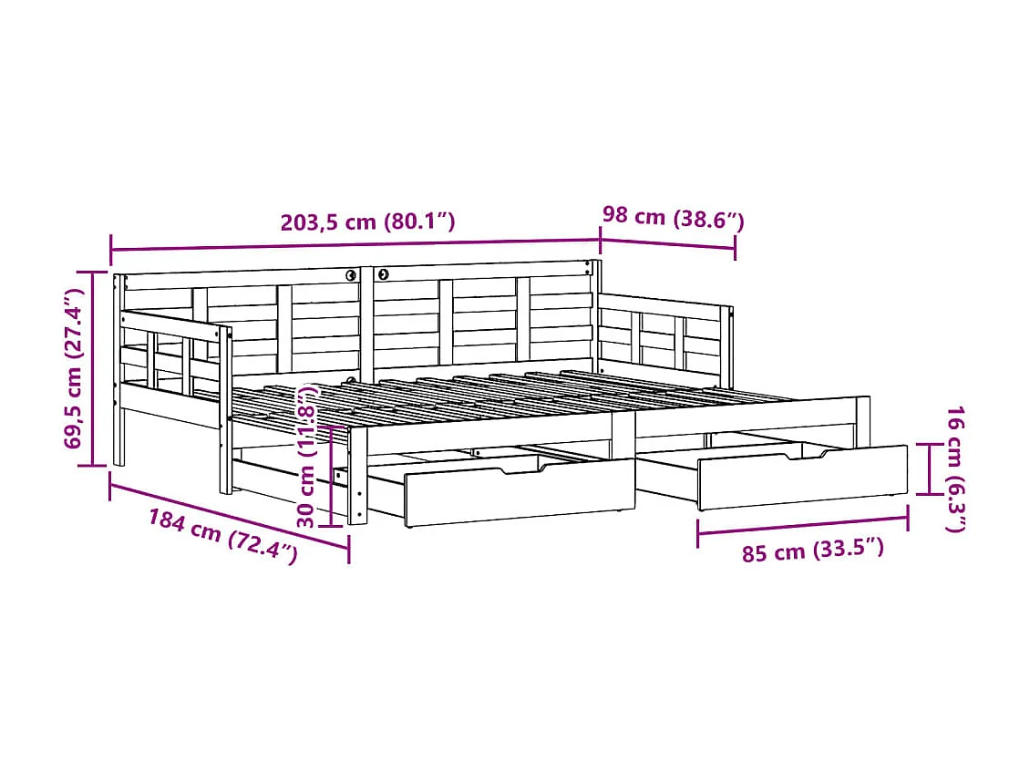 Lit de jour avec gigogne et tiroirs sans matelas 90x200 cm