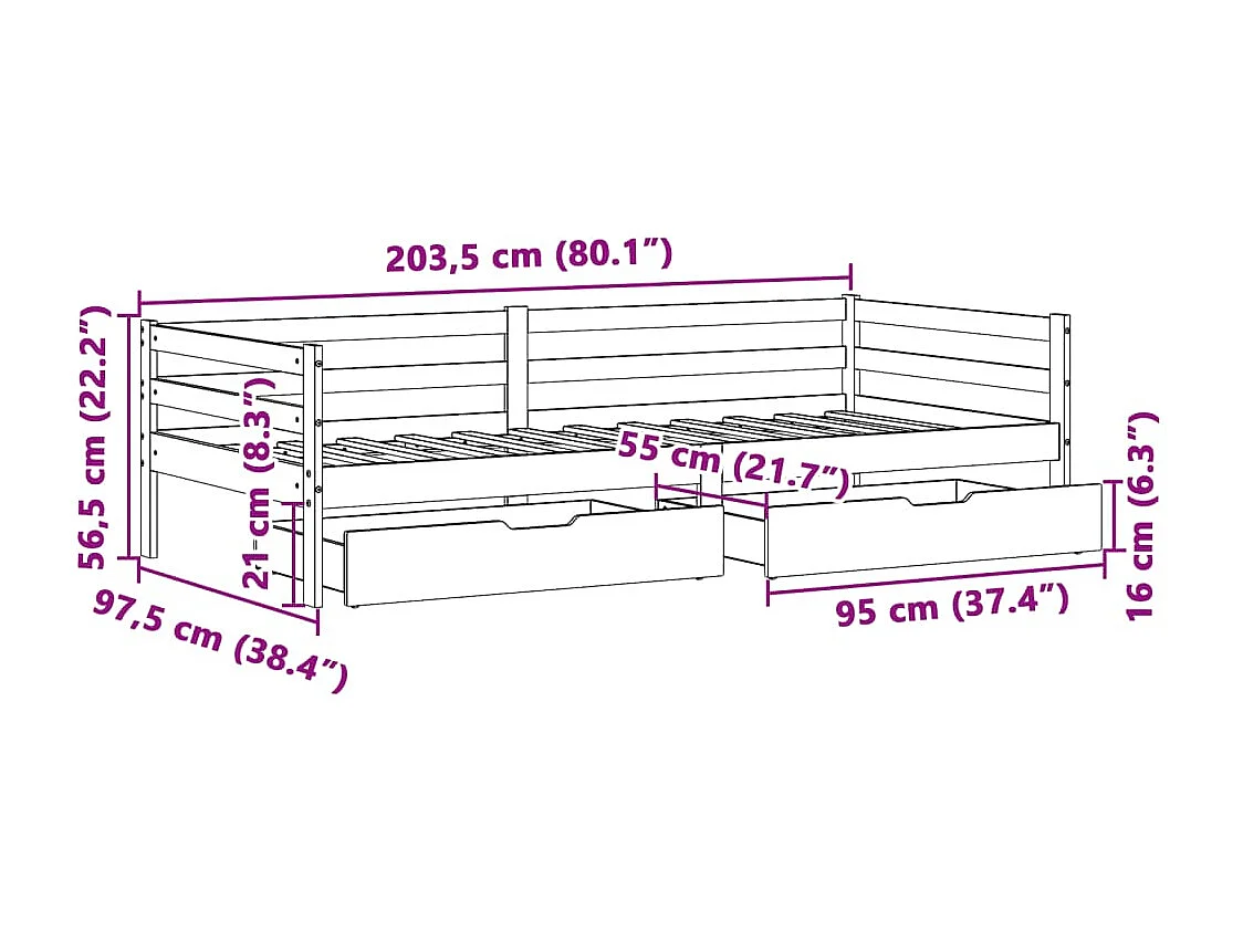 Lit de jour avec tiroirs sans matelas 90x200 cm bois massif