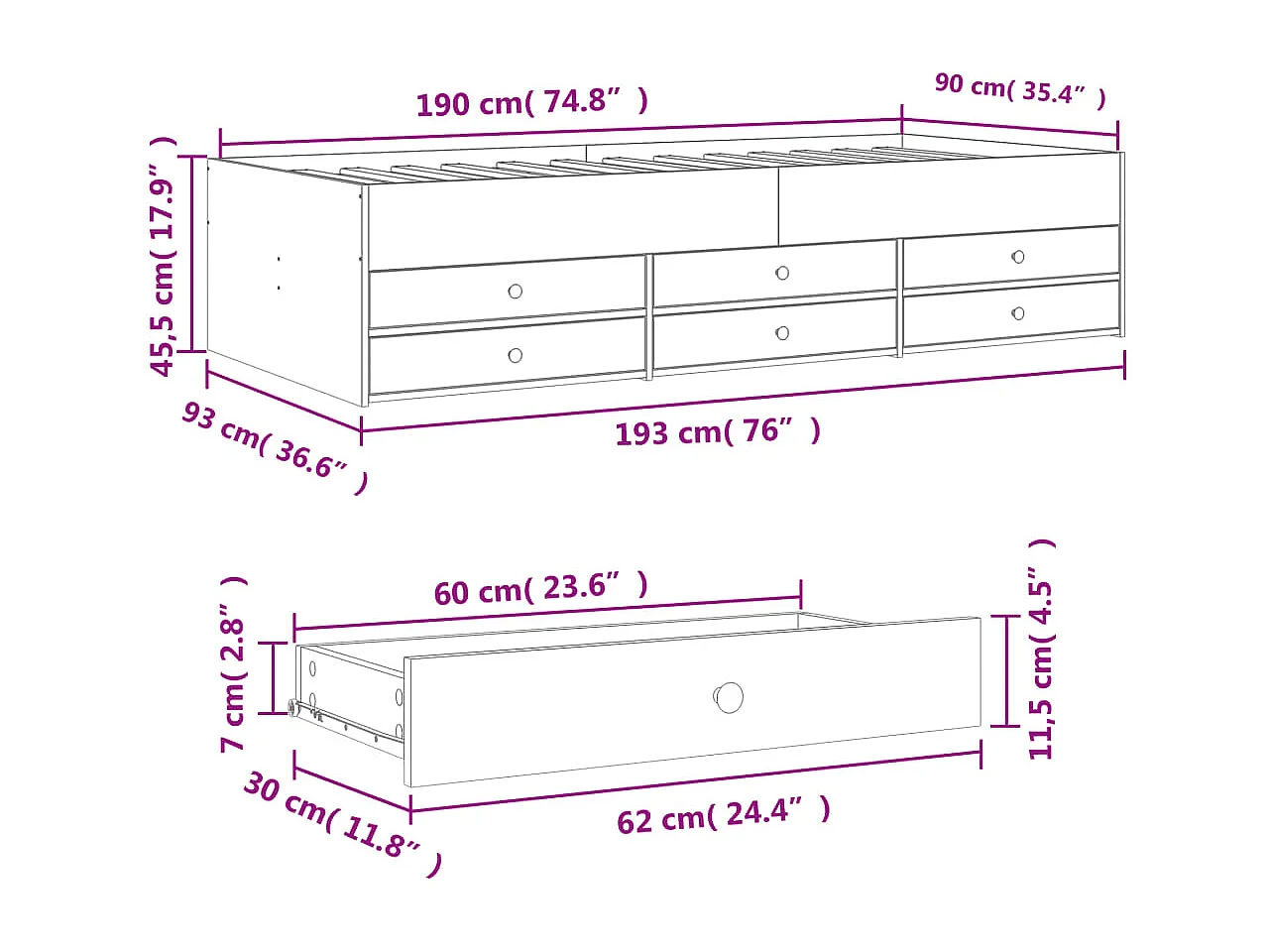 Sofá-cama com gavetas sem colchão 90x190 cm cinzento cimento