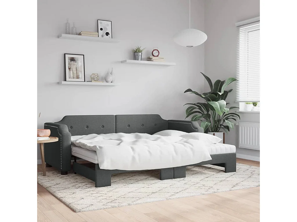 Lit de jour avec gigogne et matelas gris foncé 80x200 cm tissu