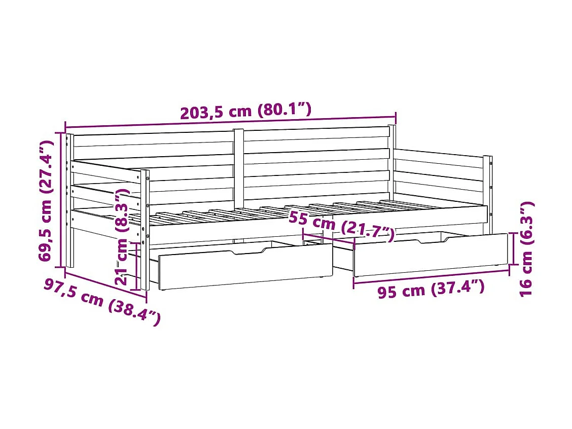 Dormeuse con Cassetti 90x200 cm Legno Massello Pino