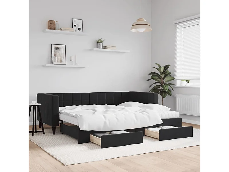 Divano Letto Estraibile con Cassetti Nero 90x190 cm in Velluto