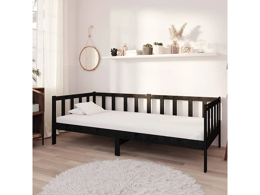 Lit de jour sans matelas noir bois de pin massif 90x200 cm
