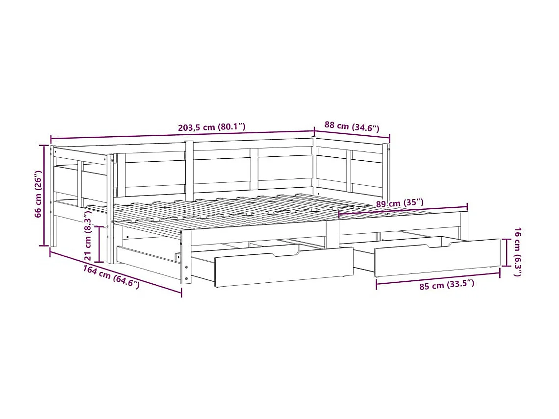 Letto Estraibile con Cassetti senza Materasso Bianco 80x200 cm
