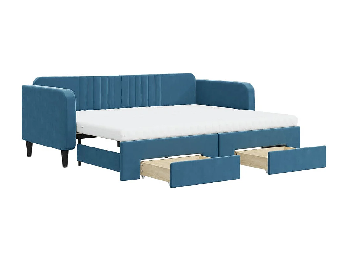 Slaapbank met onderschuifbed en lades 90x200 cm fluweel blauw