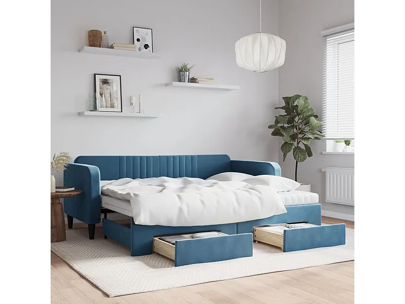 Tagesbett Ausziehbar mit Schubladen Blau 90x200 cm Samt