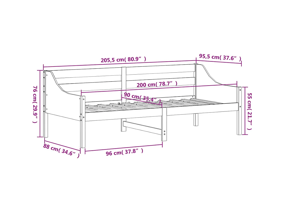 Dormeuse senza Materasso Bianca 90x200 cm Legno Massello Pino