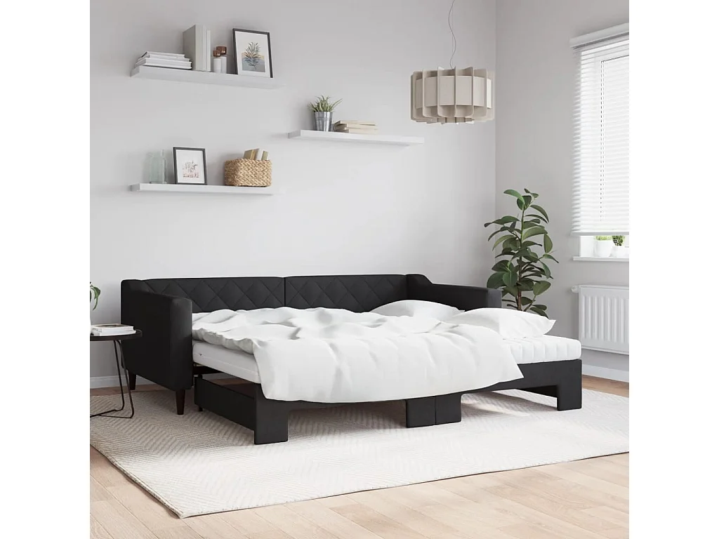 Divano Letto Estraibile con Materassi Nero 90x190 cm in Tessuto