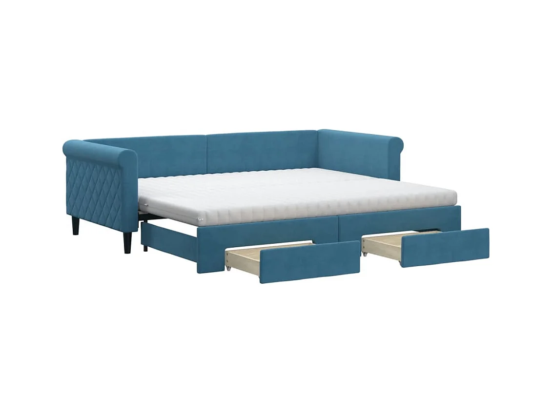 Slaapbank met onderschuifbed en lades 90x200 cm fluweel blauw