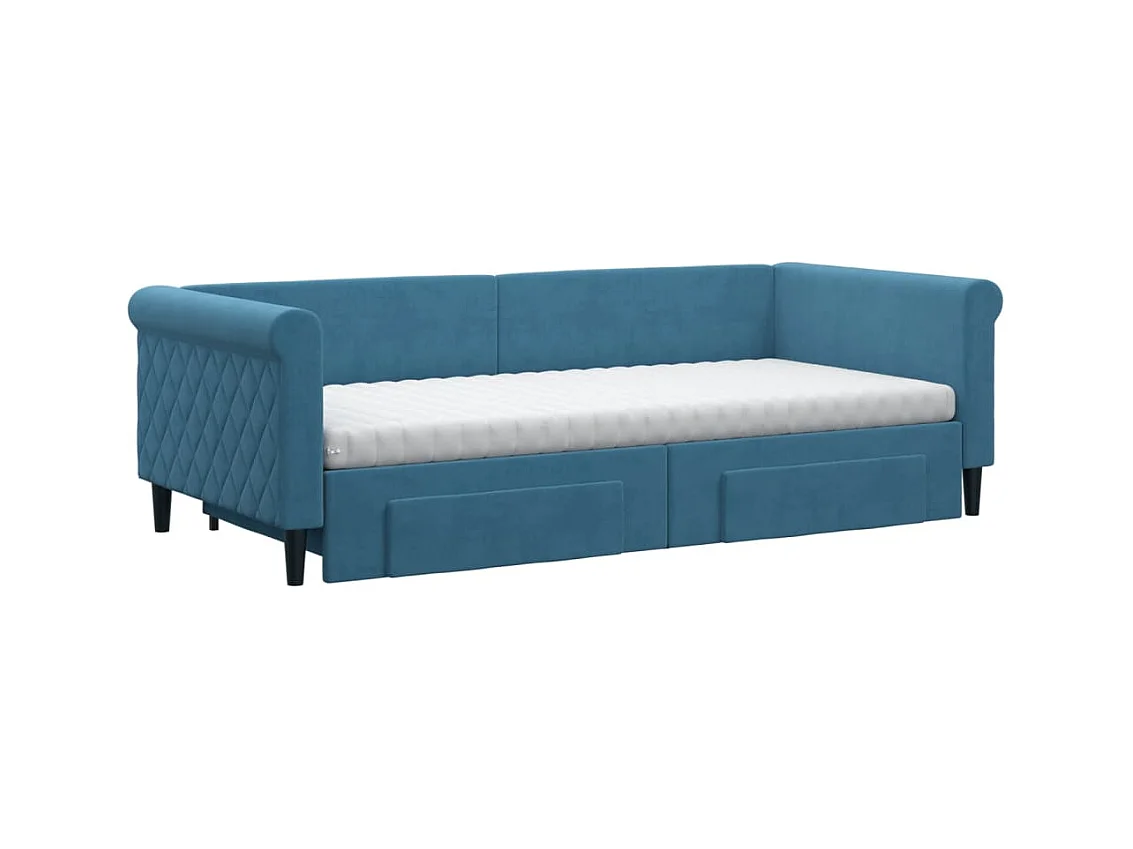 Slaapbank met onderschuifbed en lades 90x200 cm fluweel blauw