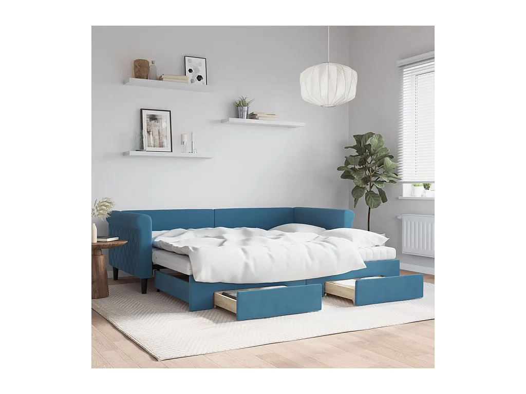 Slaapbank met onderschuifbed en lades 90x200 cm fluweel blauw