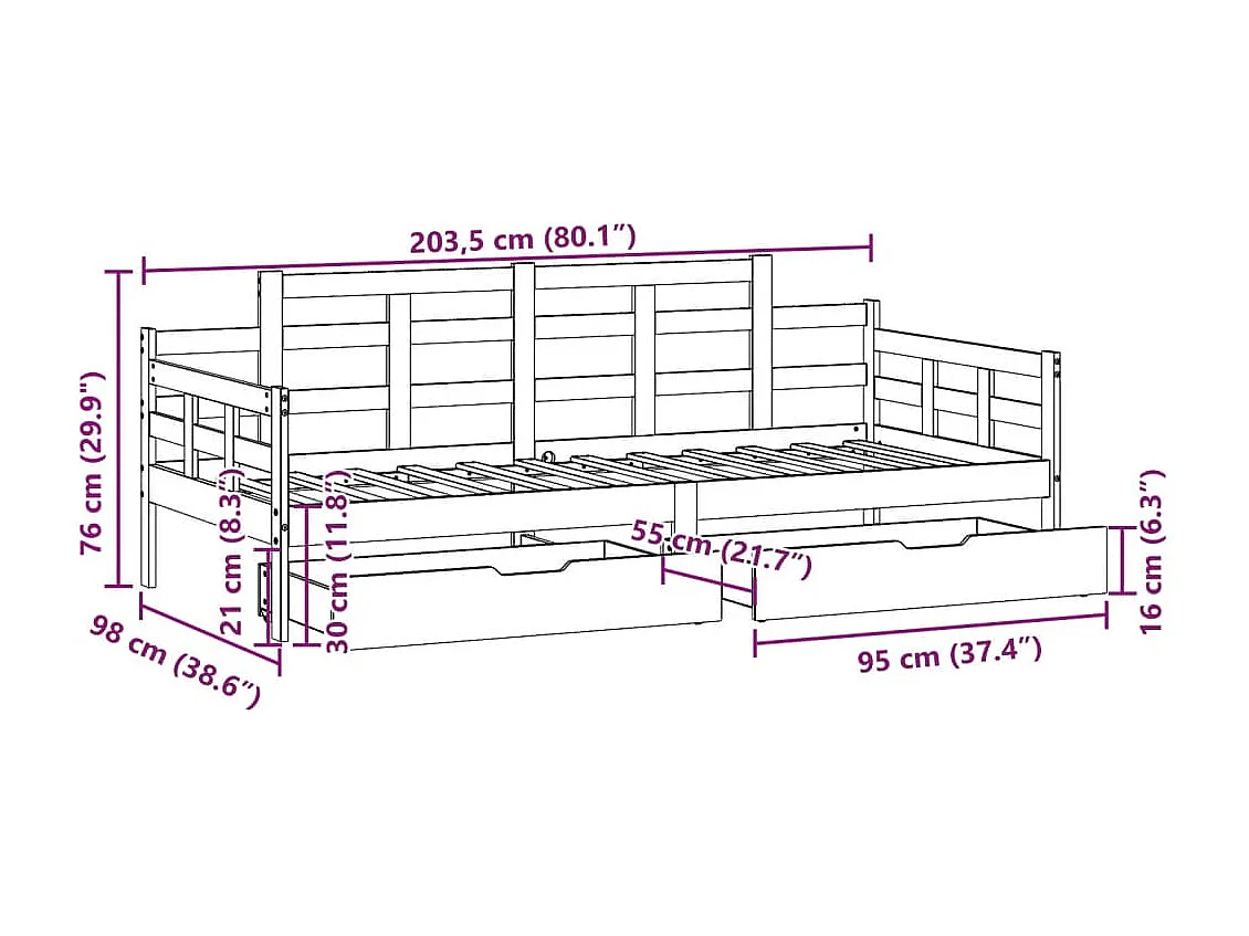 Dormeuse con Cassetti Bianco 90x200 cm Legno Massello di Pino