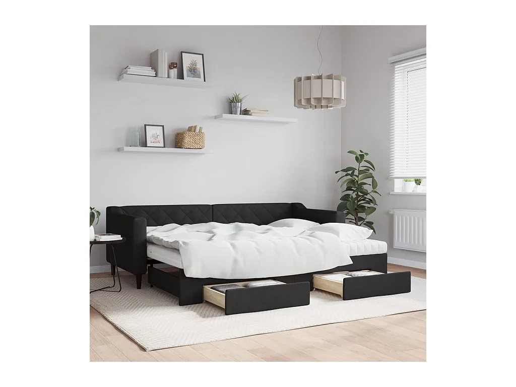 Slaapbank met onderschuifbed en lades 80x200 cm stof zwart