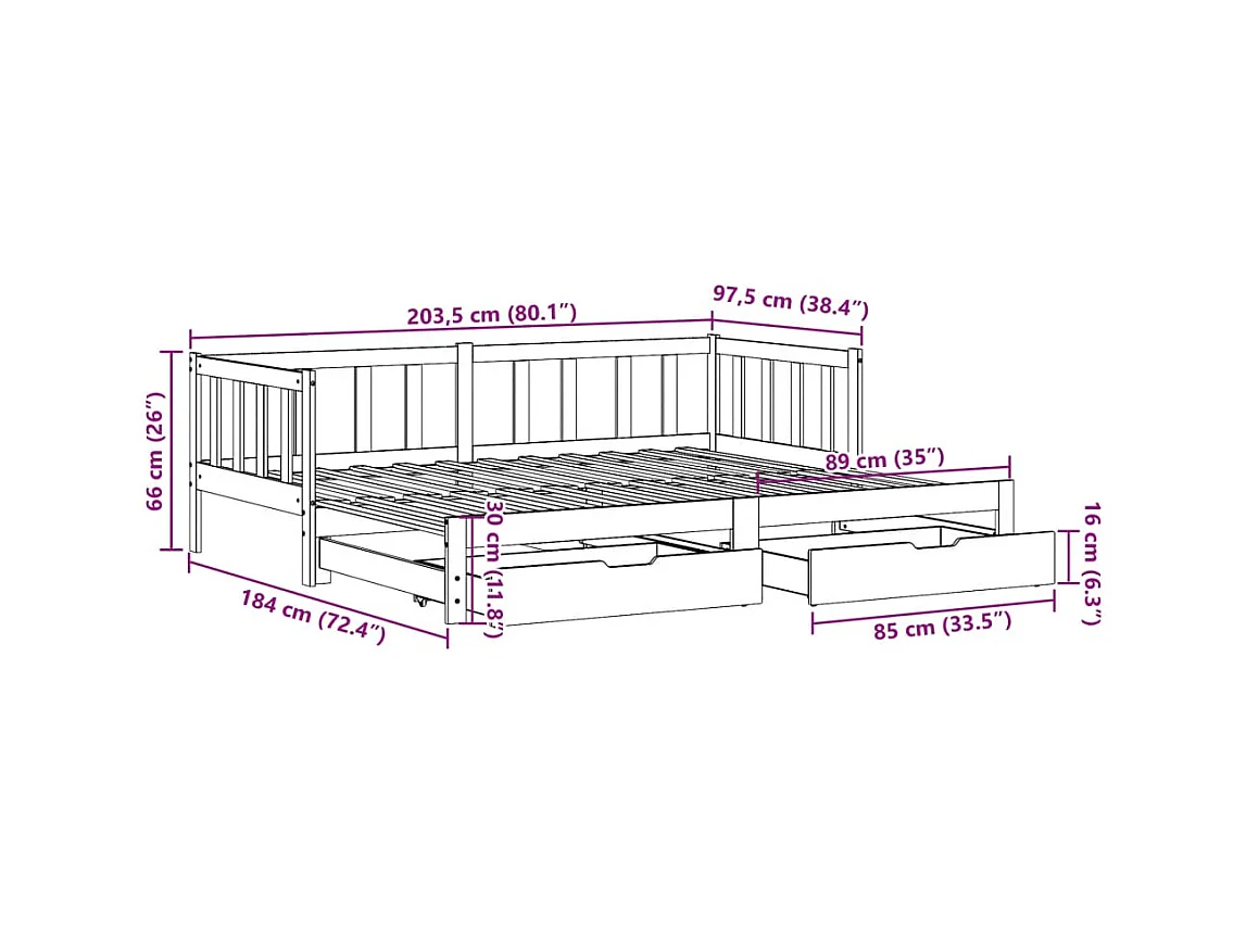 Letto Estraibile con Cassetti senza Materasso Bianco 90x200 cm
