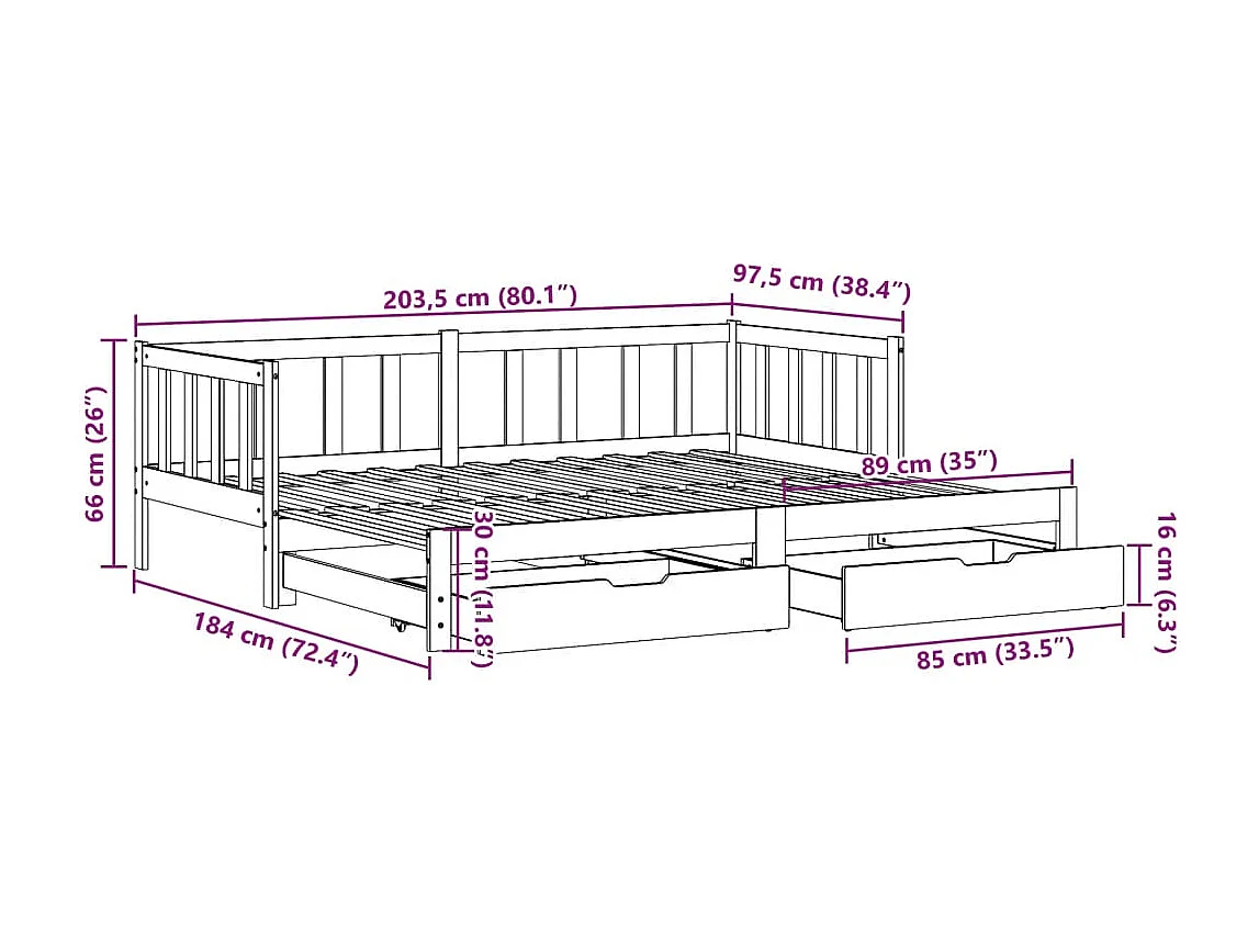 Lit de jour avec gigogne et tiroirs sans matelas blanc 90x200cm
