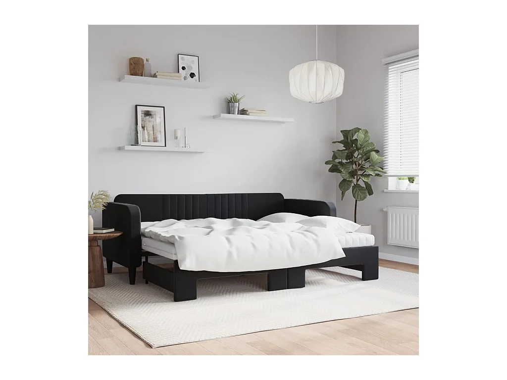 Slaapbank onderschuifbed en matrassen 80x200 cm fluweel zwart
