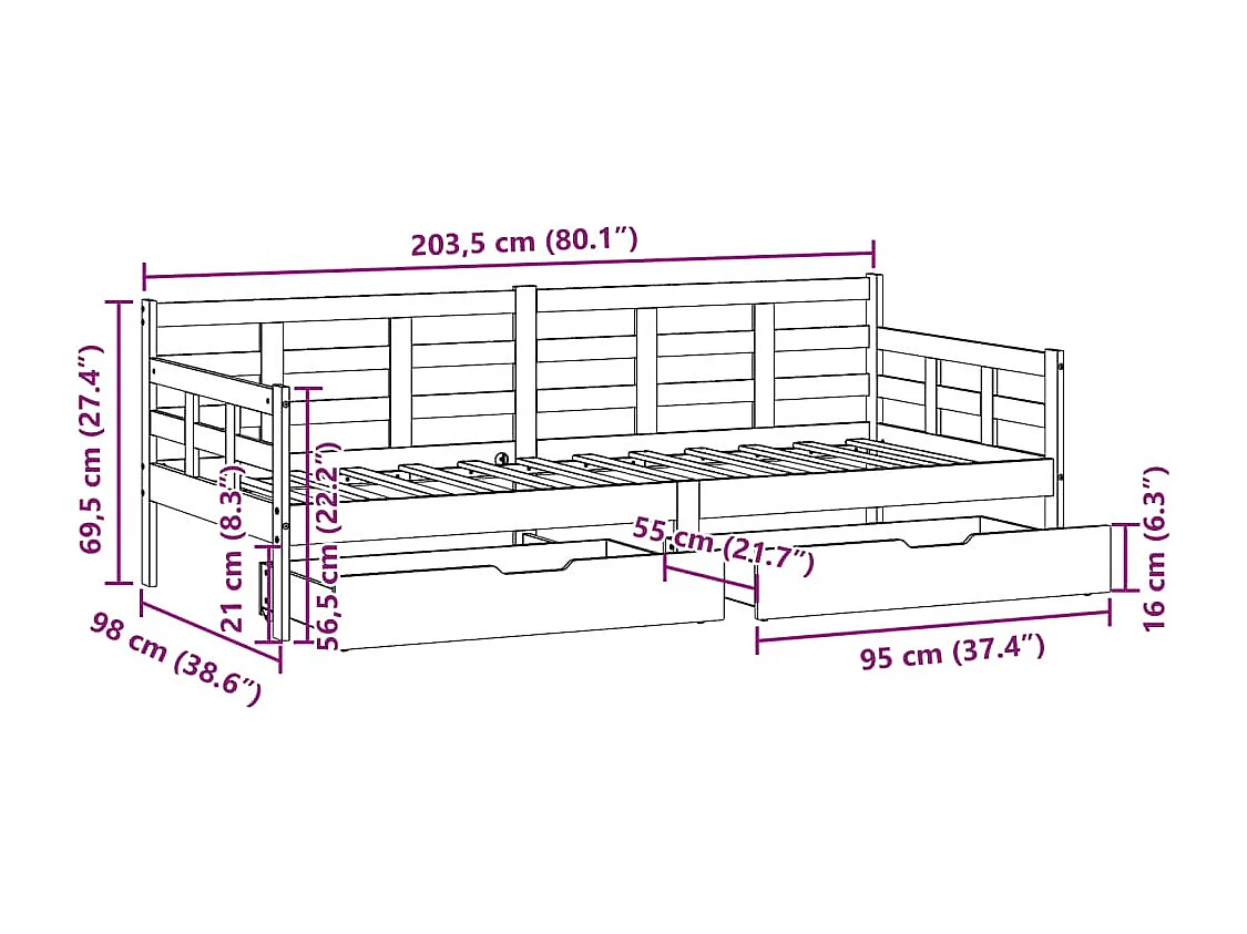 Lit de jour avec tiroirs sans matelas 90x200 cm bois massif