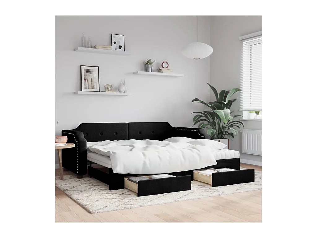 Slaapbank met onderschuifbed en lades 80x200 cm stof zwart