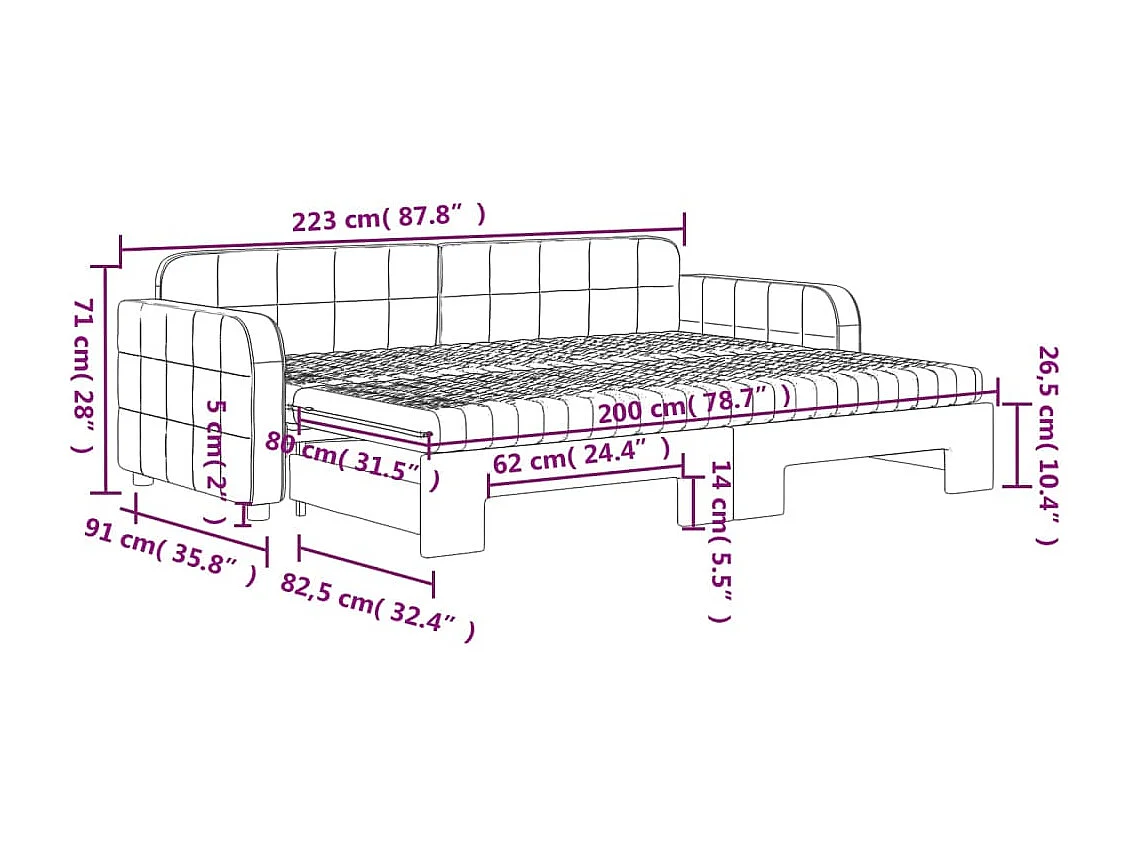 Lit de jour avec gigogne et matelas gris clair 80x200cm velours