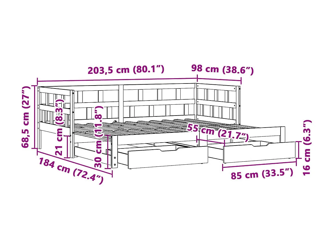 Lit de jour avec gigogne et tiroirs sans matelas blanc 90x200cm