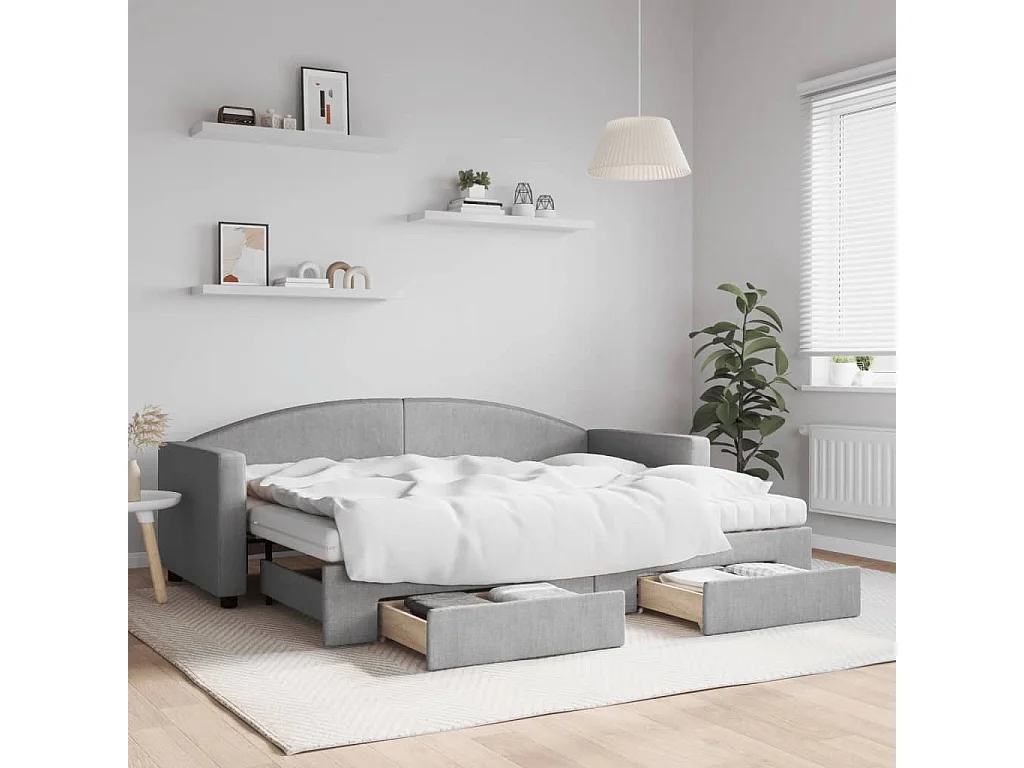 Divano Letto Estraibile Cassetti Grigio Chiaro 80x200cm Tessuto