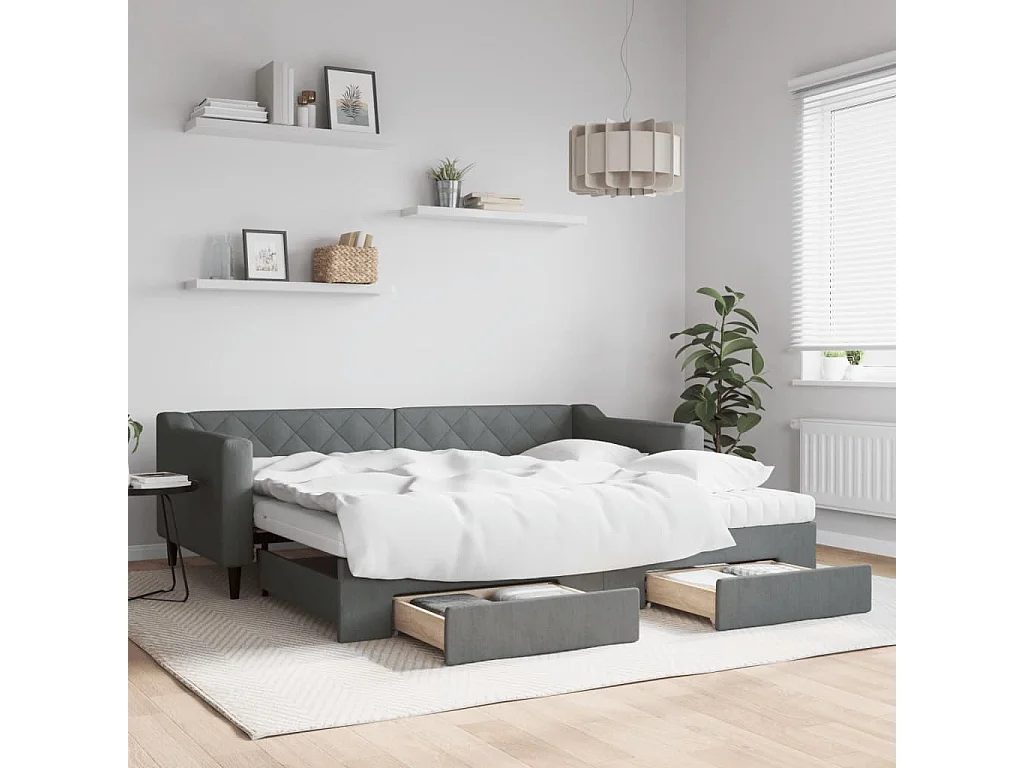 Lit de jour avec gigogne et tiroirs gris foncé 90x200 cm tissu
