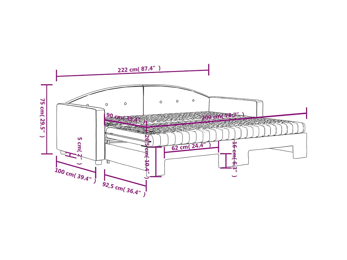 Slaapbank onderschuifbed en matrassen 90x200 cm fluweel roze