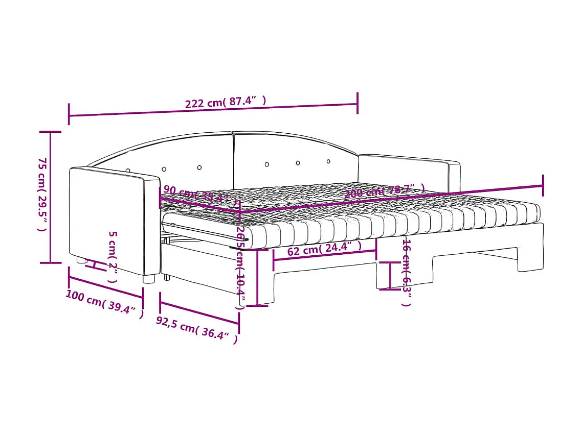 Slaapbank onderschuifbed en matrassen 90x200 cm fluweel roze