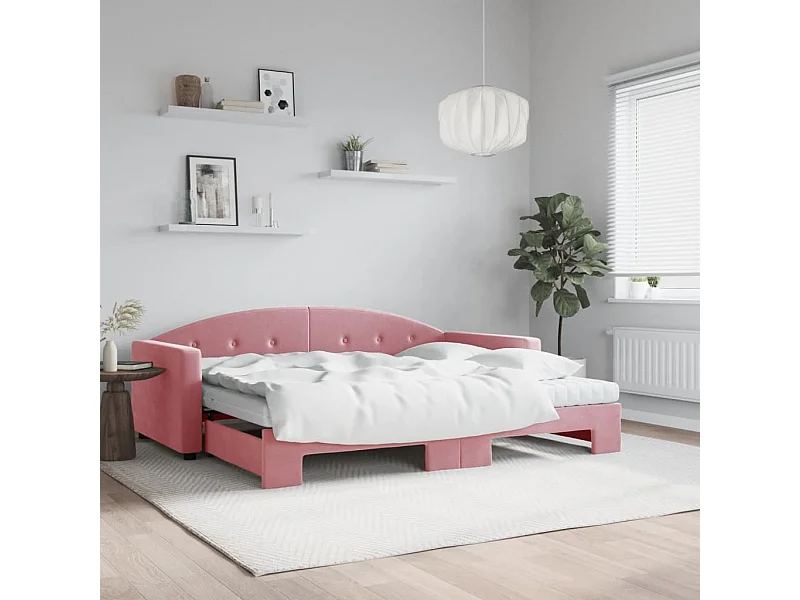 Slaapbank onderschuifbed en matrassen 90x200 cm fluweel roze
