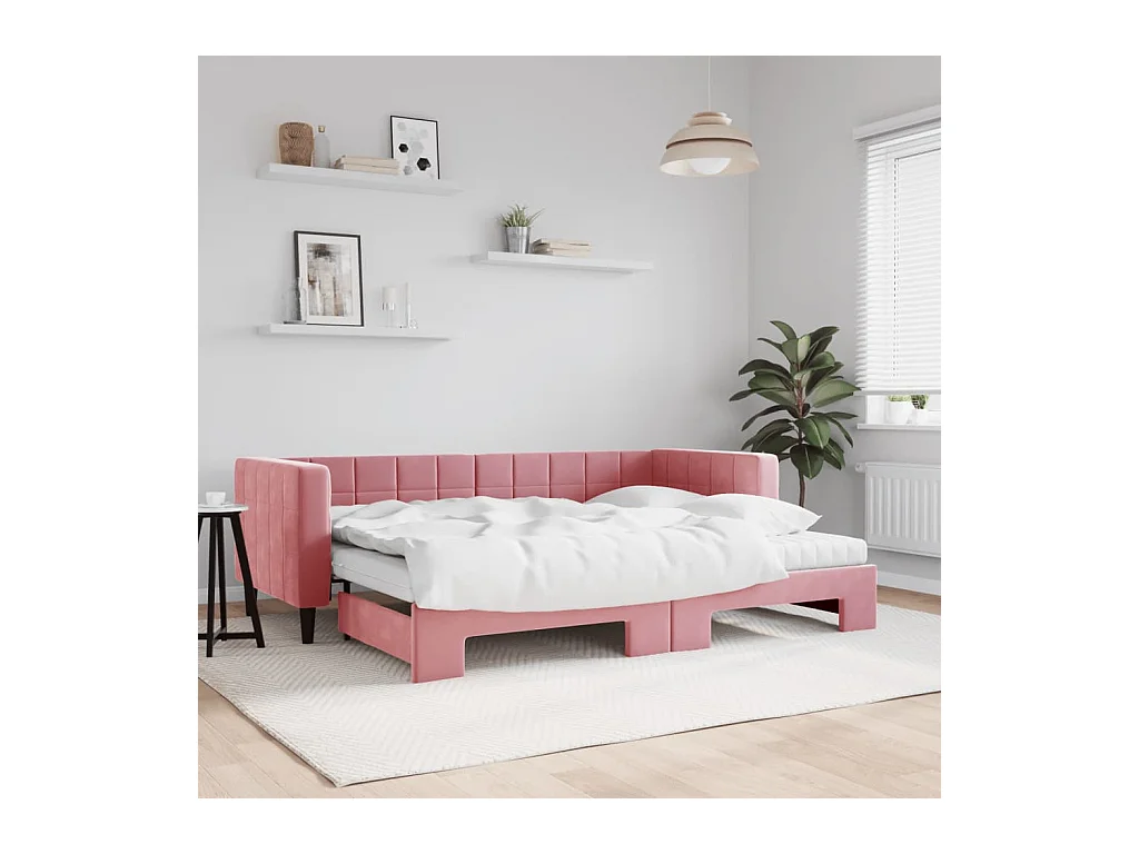 Slaapbank onderschuifbed en matrassen 80x200 cm fluweel roze