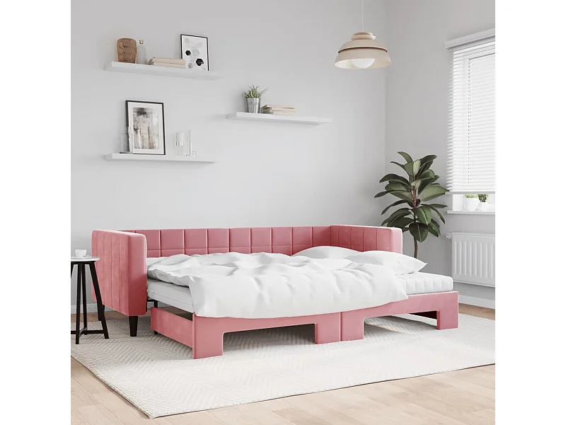 Lit de jour avec lit gigogne et matelas rose 80x200 cm velours