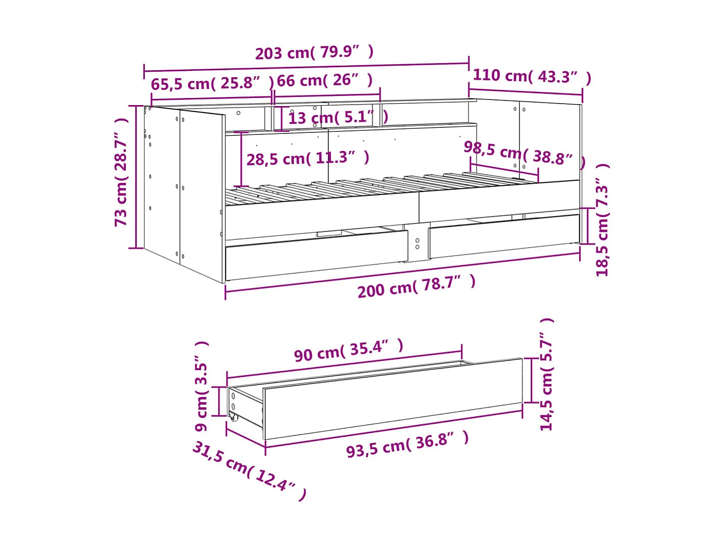 Divano Letto con Cassetti senza Materasso Rovere Fumo 100x200cm