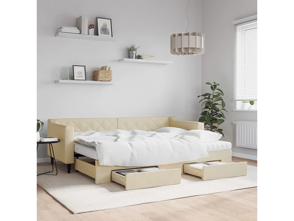 Sofá-cama com gavetão e gavetas 80x200 cm tecido cor creme