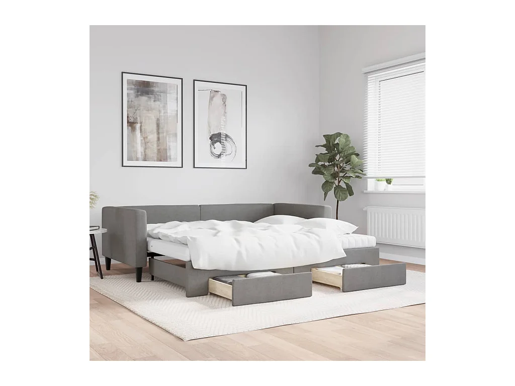 Lit de jour avec gigogne et tiroirs gris foncé 90x190 cm tissu