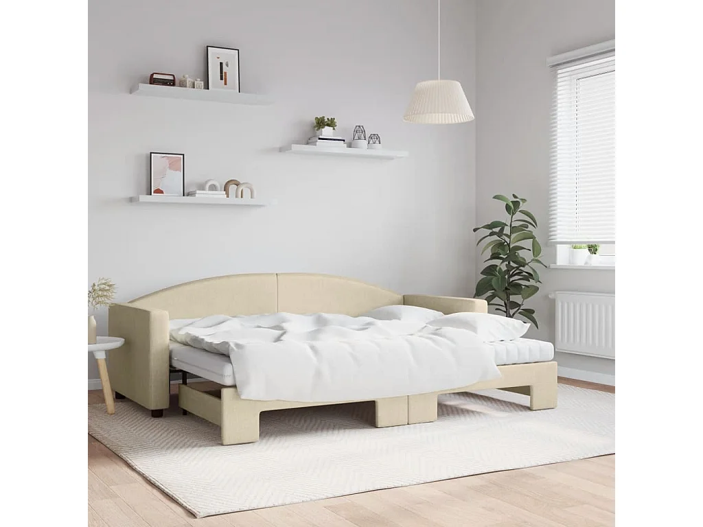 Lit de jour avec gigogne et matelas crème 80x200 cm tissu