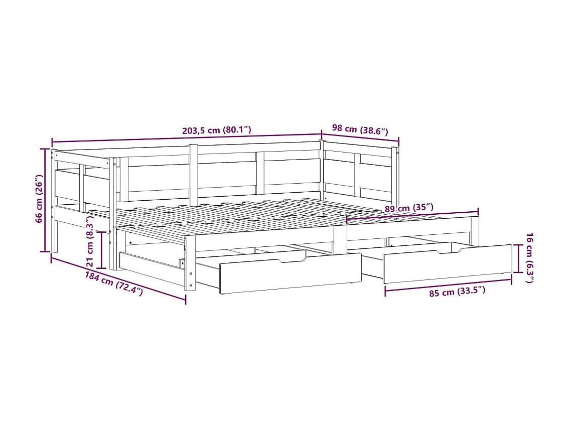 Lit de jour avec gigogne et tiroirs sans matelas 90x200 cm