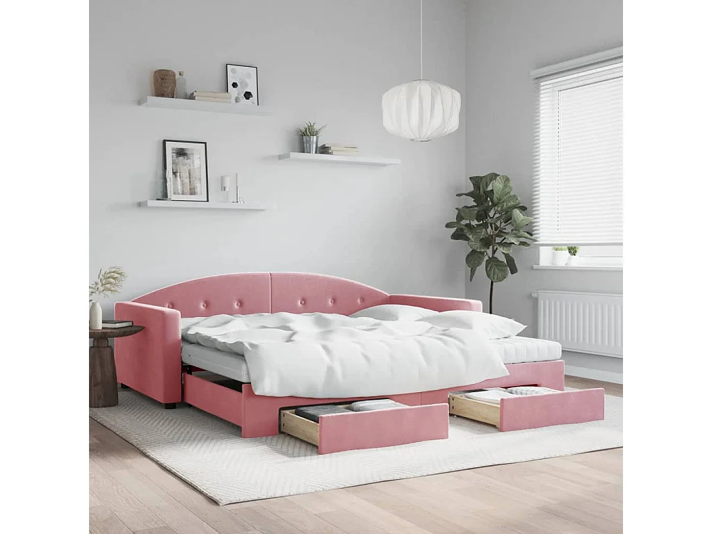 Sofá cama nido con cajones terciopelo rosa 100x200 cm