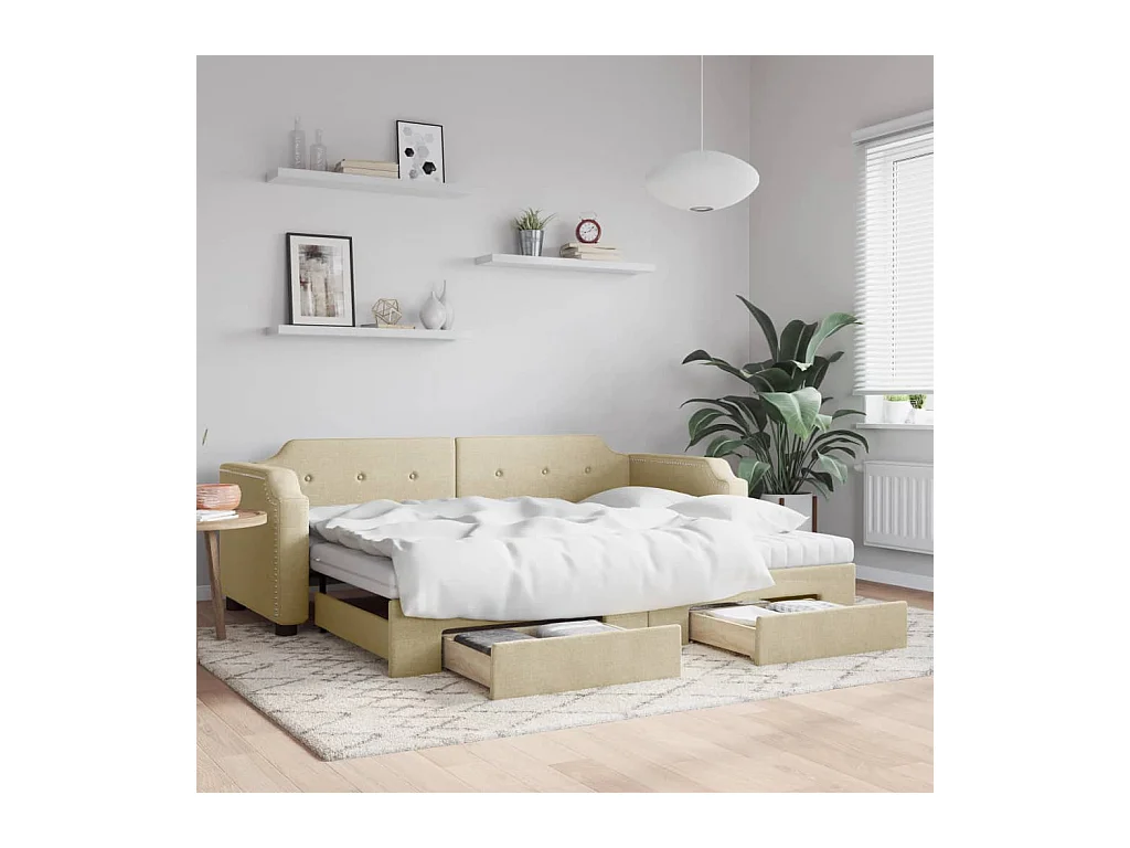 Slaapbank met onderschuifbed en lades 80x200 cm stof crèmekleur