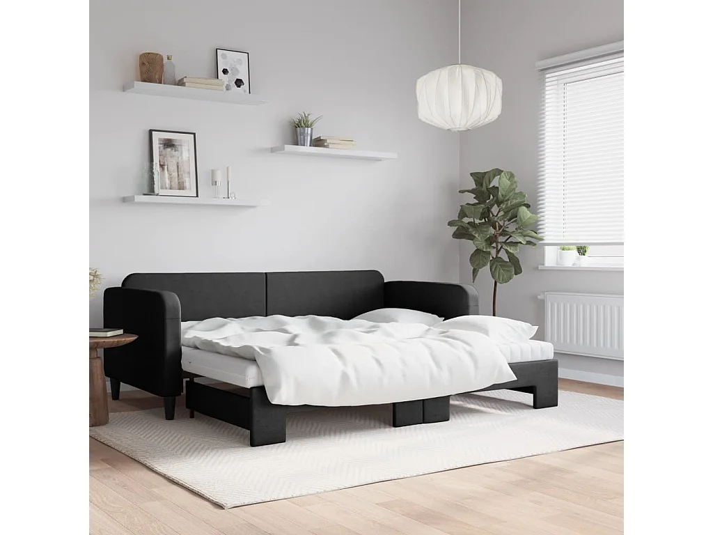 Lit de jour avec gigogne et matelas noir 90x190 cm tissu