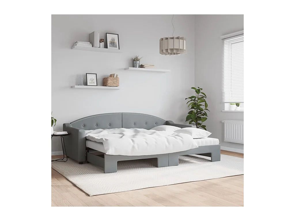 Lit de jour avec gigogne et matelas gris clair 80x200 cm tissu