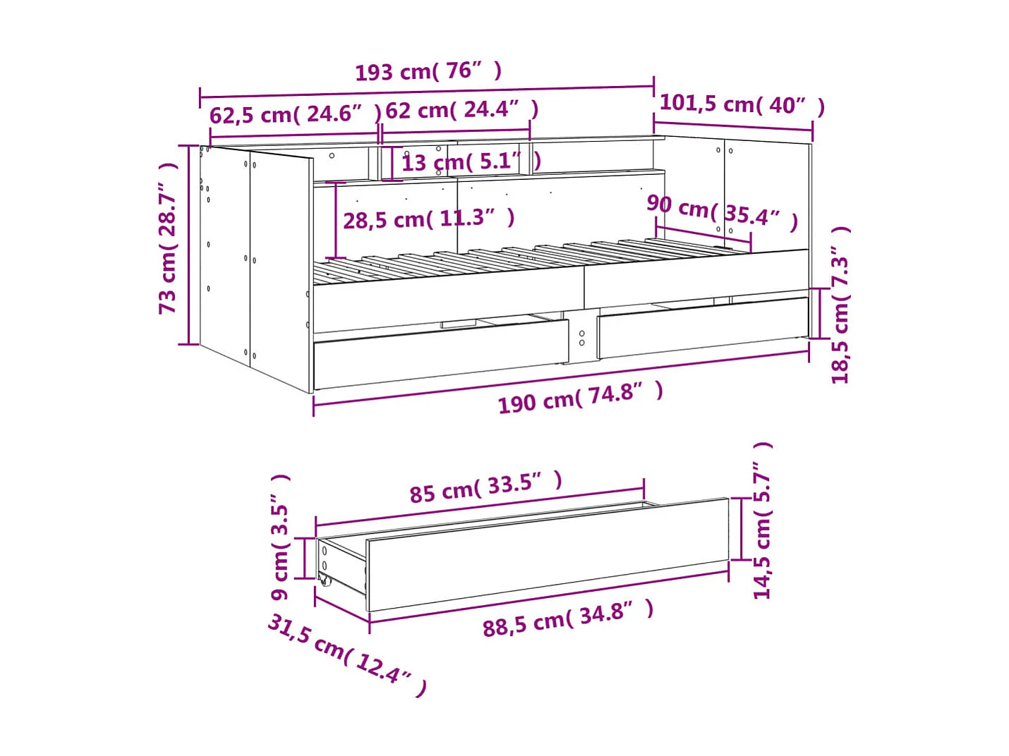 Divano Letto con Cassetti senza Materasso 90x190 cm