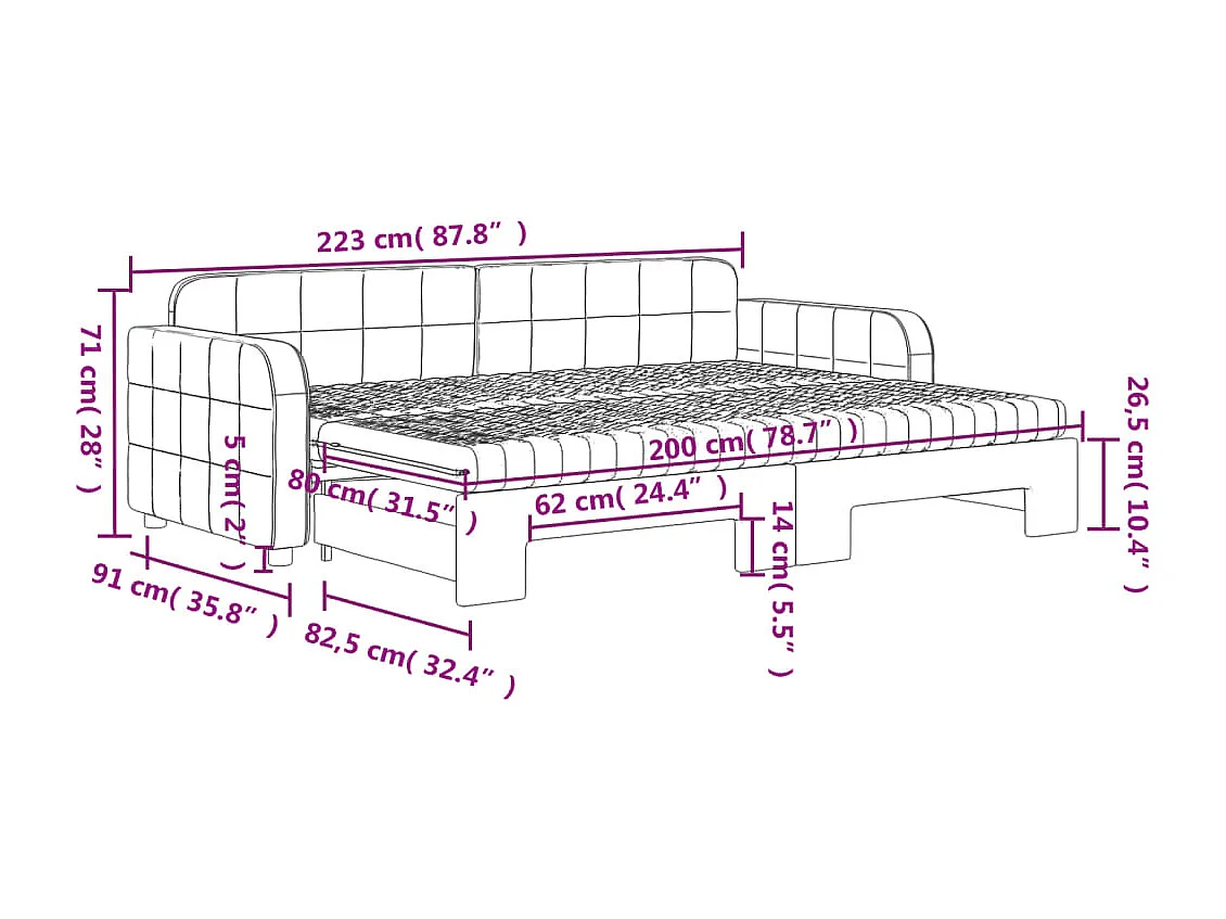 Lit de jour avec gigogne et matelas gris foncé 80x200cm velours