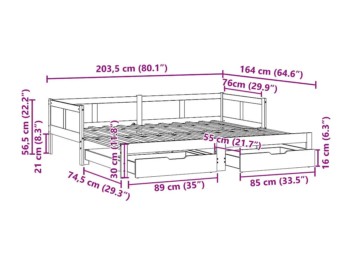 Letto Estraibile con Cassetti senza Materasso Bianco 80x200 cm