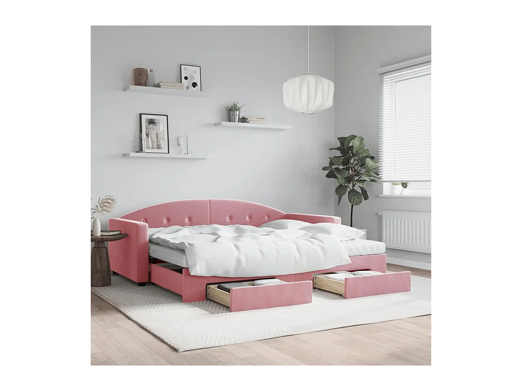 Lit de jour avec gigogne et tiroirs rose 90x200 cm velours