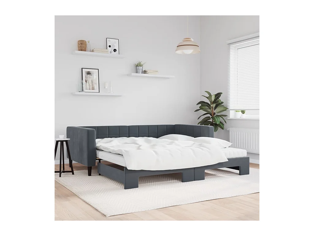 Lit de jour et gigogne et matelas gris foncé 100x200 cm velours