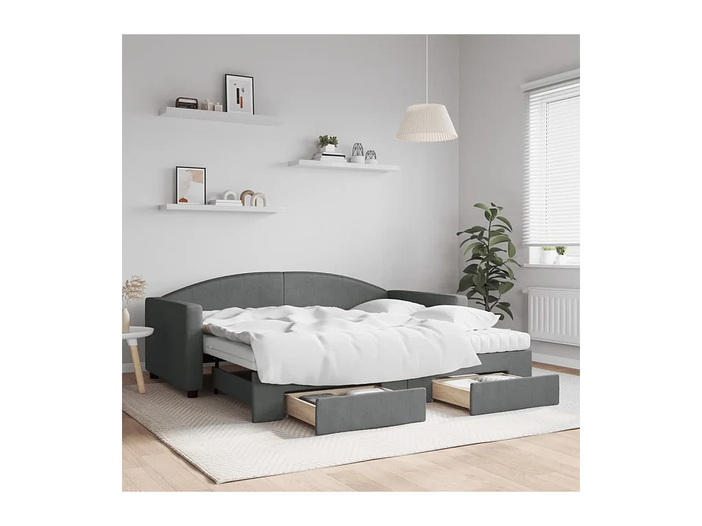 Lit de jour avec gigogne et tiroirs gris foncé 90x190 cm tissu